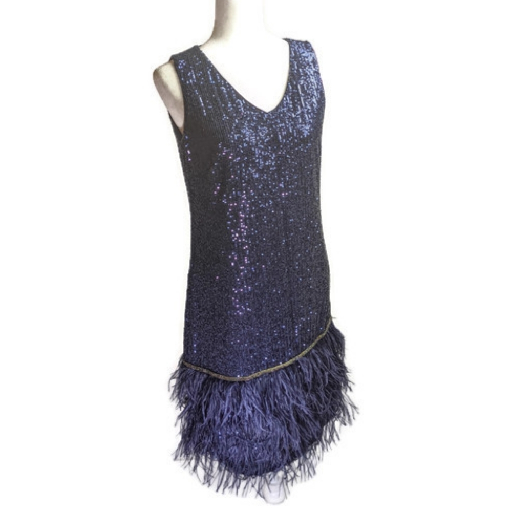 Relisted - TAHARI ASL blue sequined feather dress - Picture 3 of 6